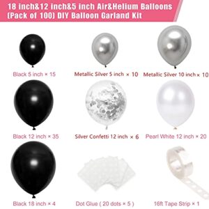 Black Silver Balloon Garland Arch Kit, 100pcs White Silver Confetti and Metallic Chrome Latex Party Balloons for Wedding Birthday Graduation Anniversary Decorations (BlackSilver-100pcs)