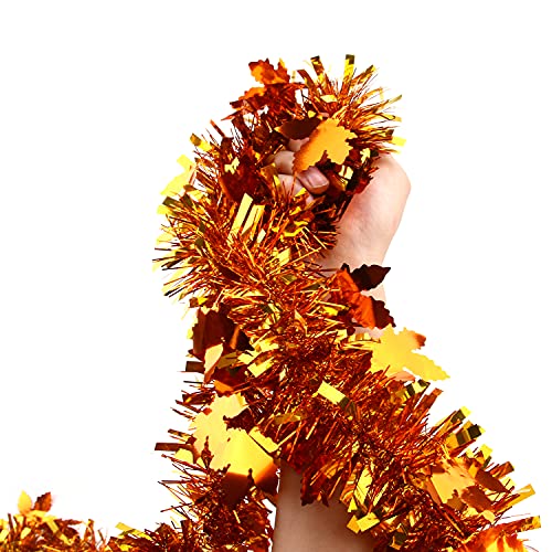 KIMOBER 33 Ft Thanksgiving Tinsel Garland,Golden Maple Leaf Metallic Garland for Autumn Thanksgiving Halloween Party (Thanksgiving Tinsel Garland)