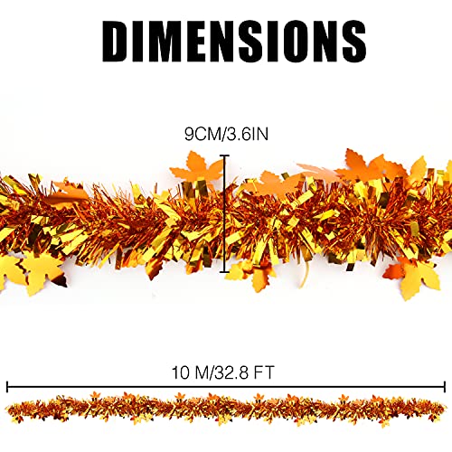 KIMOBER 33 Ft Thanksgiving Tinsel Garland,Golden Maple Leaf Metallic Garland for Autumn Thanksgiving Halloween Party (Thanksgiving Tinsel Garland)