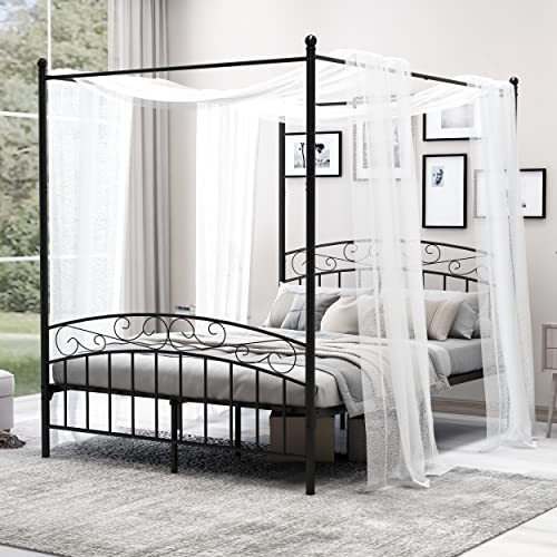 Beautiplove Queen Size Sturdy Metal Canopy Bed Frame with Headboard and Footboard,Easy Assembly,Black