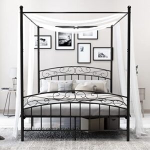 Beautiplove Queen Size Sturdy Metal Canopy Bed Frame with Headboard and Footboard,Easy Assembly,Black