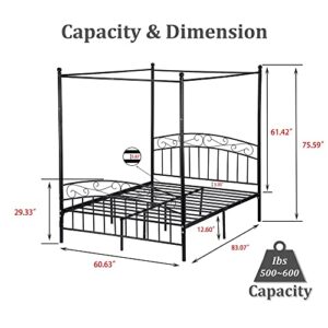 Beautiplove Queen Size Sturdy Metal Canopy Bed Frame with Headboard and Footboard,Easy Assembly,Black