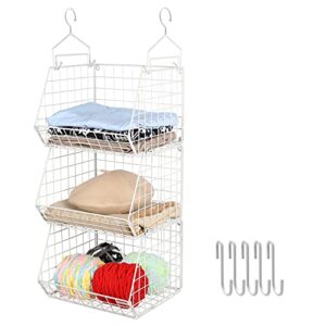 x-cosrack 3 tier foldable closet organizer, clothes shelves with 5 s hooks, wall mount&cabinet wire storage basket bins, for clothing sweaters shoes handbags clutches accessories-white patent design