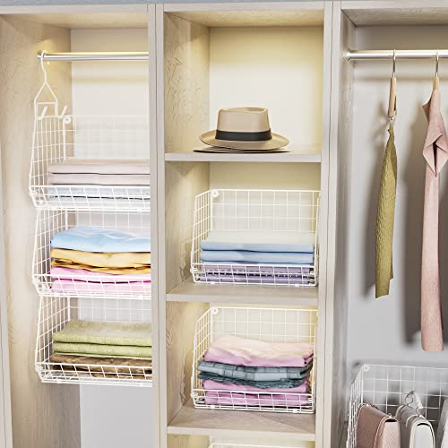 X-cosrack 3 Tier Foldable Closet Organizer, Clothes Shelves with 5 S Hooks, Wall Mount&Cabinet Wire Storage Basket Bins, for Clothing Sweaters Shoes Handbags Clutches Accessories-White Patent Design