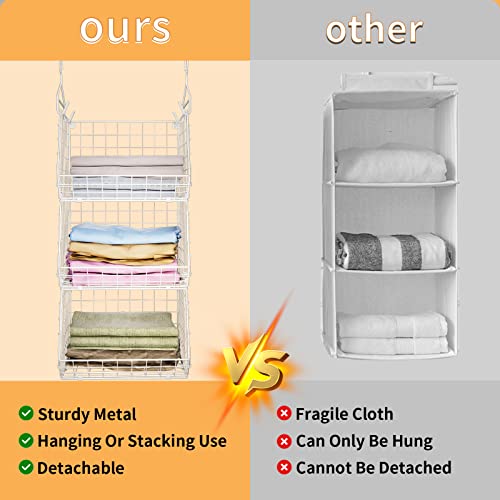X-cosrack 3 Tier Foldable Closet Organizer, Clothes Shelves with 5 S Hooks, Wall Mount&Cabinet Wire Storage Basket Bins, for Clothing Sweaters Shoes Handbags Clutches Accessories-White Patent Design