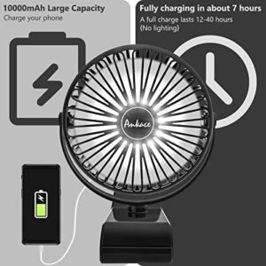 10000mAh Portable Fan Rechargeable, Battery Operated Desk Fan Clip on Fan with LED Light, 3 Modes 360° Rotation Personal USB Small Fan for Outdoor Camping Golf Cart Indoor Gym Treadmill Office