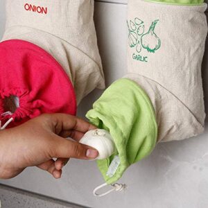 Set of 3 Reusable Hanging Vegetable Storage and Dispenser Bags, Dual Drawstring Closures, Potato Bag, Onion Bag, Garlic Bag