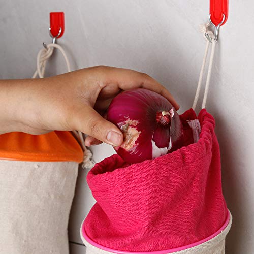 Set of 3 Reusable Hanging Vegetable Storage and Dispenser Bags, Dual Drawstring Closures, Potato Bag, Onion Bag, Garlic Bag