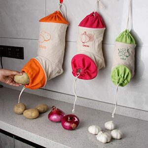 Set of 3 Reusable Hanging Vegetable Storage and Dispenser Bags, Dual Drawstring Closures, Potato Bag, Onion Bag, Garlic Bag