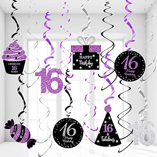 Sweet 16 Birthday Decorations Purple Silver Black for Women/Girl 16th Birthday Party Decoration Purple Silver Black Foil Hanging Swirls Decorations Girl 16th Birthday Party Hanging Decor / Swirls of 15pcs