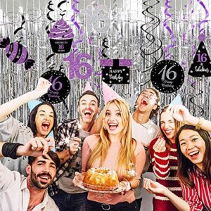 Sweet 16 Birthday Decorations Purple Silver Black for Women/Girl 16th Birthday Party Decoration Purple Silver Black Foil Hanging Swirls Decorations Girl 16th Birthday Party Hanging Decor / Swirls of 15pcs