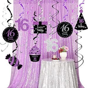 Sweet 16 Birthday Decorations Purple Silver Black for Women/Girl 16th Birthday Party Decoration Purple Silver Black Foil Hanging Swirls Decorations Girl 16th Birthday Party Hanging Decor / Swirls of 15pcs