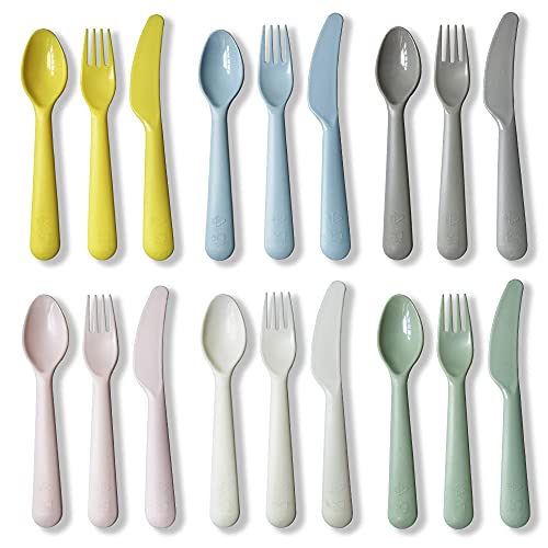 18Pcs Plastic Toddler Utensils Set Kids Spoons Forks Knife Colored Baby Flatware Set Silverware Set Reusable Plastic Utensils BPA Free Dishwasher Safe Plastic Cutlery