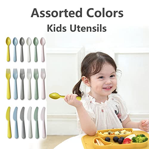 18Pcs Plastic Toddler Utensils Set Kids Spoons Forks Knife Colored Baby Flatware Set Silverware Set Reusable Plastic Utensils BPA Free Dishwasher Safe Plastic Cutlery