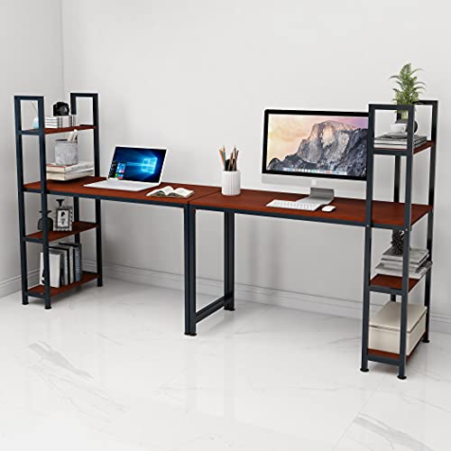 Siunzs Computer Desk with Shelves, Home Office Desk with 4 Tier Storage Shelves Studying Writing Desk Workstation with Hutch, Bookshelf and Tower Storage for Home Office(55”,Red Rose)