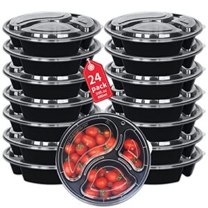 ganfaner [24pack-32oz] 3-compartment meal prep container with lids reusable storage lunch boxes microwavable, freezer and dishwasher safe - stackable salad bowls black