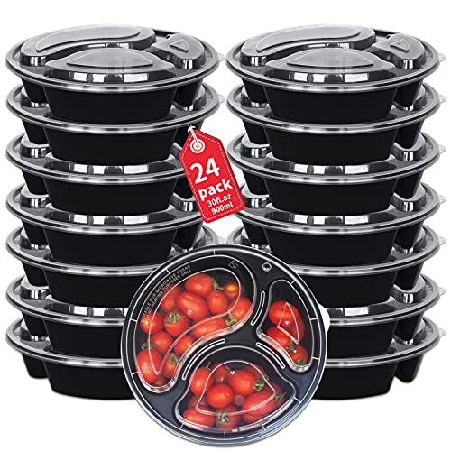 Ganfaner [24pack-32oz] 3-Compartment Meal Prep Container with Lids Reusable Storage Lunch Boxes Microwavable, Freezer and Dishwasher Safe - Stackable Salad Bowls Black