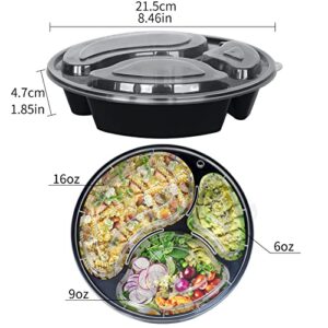 Ganfaner [24pack-32oz] 3-Compartment Meal Prep Container with Lids Reusable Storage Lunch Boxes Microwavable, Freezer and Dishwasher Safe - Stackable Salad Bowls Black