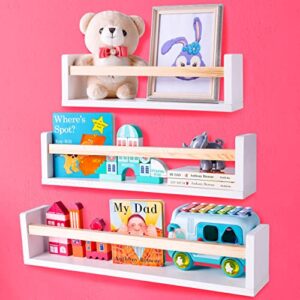 SONNET DESIGNS White Floating Bookshelf 3 Pack for Nursery Decor Wall Mount Book Shelves for Kids Room Toddlers Toys 24 Inch Usable in Home, Kitchen, Bathroom, Floating Wall Ledge for Nursery