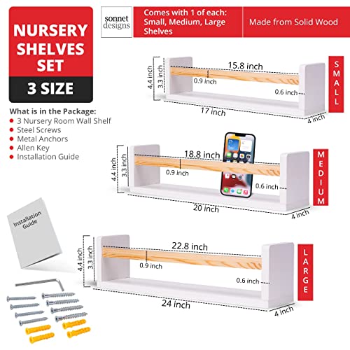 SONNET DESIGNS White Floating Bookshelf 3 Pack for Nursery Decor Wall Mount Book Shelves for Kids Room Toddlers Toys 24 Inch Usable in Home, Kitchen, Bathroom, Floating Wall Ledge for Nursery