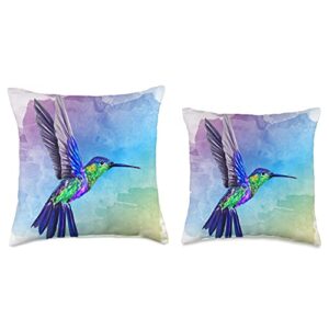 Nature Animal Beautiful Birds Lover Gift Watercolor Nature Blue Hummingbird Colorful Bird Throw Pillow, 18x18, Multicolor