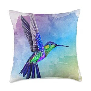 nature animal beautiful birds lover gift watercolor nature blue hummingbird colorful bird throw pillow, 18x18, multicolor