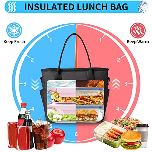 Lunch Bag for Women, ChaseChic Insulated Thermal Lunch Tote Bag Large Lunch Box Container for Adults with Adjustable Shoulder Strap, Reusable Lunch Cooler Bag for Office Work School Picnic, Black