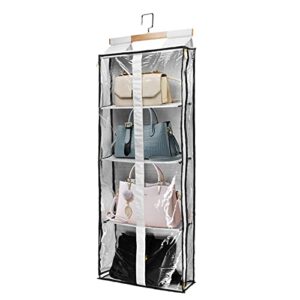 kmotasuo clear closet hanging handbag organizer with zippers, easy access wardrobe tote bag purse storage holder over the door space saving shelf pocket for bedrooms living room