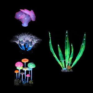 mogoko 4 pack glowing fish tank decorations, silicon glow aquarium plants ornaments kit for decor