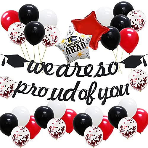 KAXIXI Graduation Party Decorations 2023 Red and Black,We are So Proud of You Banner for High School College, Grad Star Foil Balloons for Graduation Party Supplies