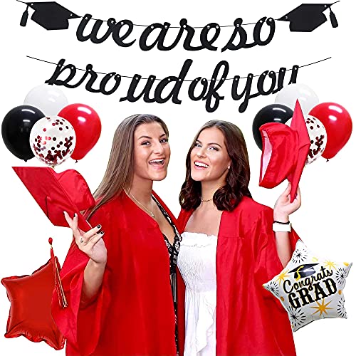 KAXIXI Graduation Party Decorations 2023 Red and Black,We are So Proud of You Banner for High School College, Grad Star Foil Balloons for Graduation Party Supplies