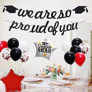 KAXIXI Graduation Party Decorations 2023 Red and Black,We are So Proud of You Banner for High School College, Grad Star Foil Balloons for Graduation Party Supplies