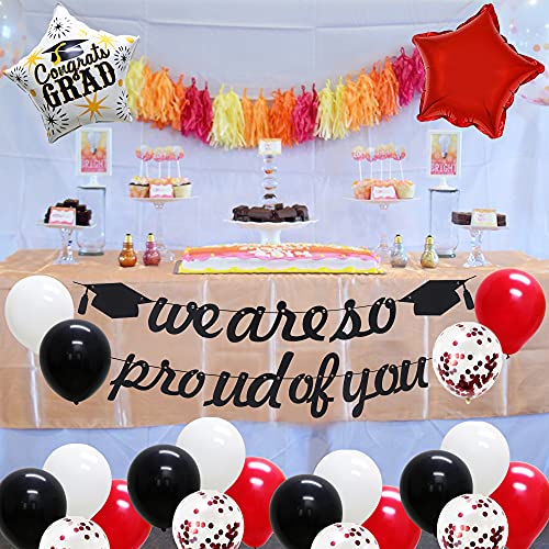 KAXIXI Graduation Party Decorations 2023 Red and Black,We are So Proud of You Banner for High School College, Grad Star Foil Balloons for Graduation Party Supplies