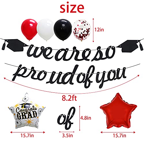 KAXIXI Graduation Party Decorations 2023 Red and Black,We are So Proud of You Banner for High School College, Grad Star Foil Balloons for Graduation Party Supplies