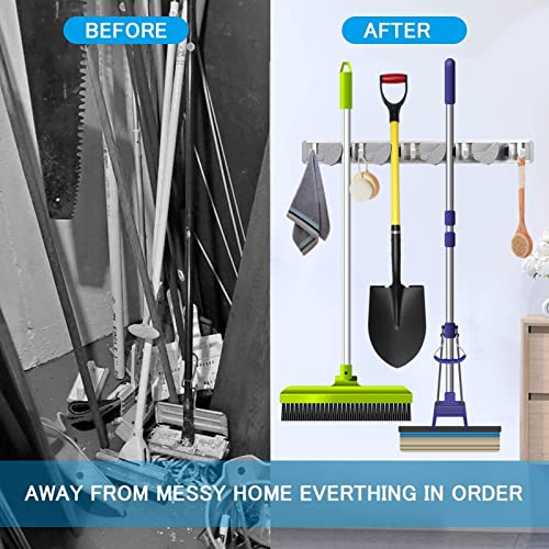 Homelove Mop and Broom Holder Wall Mount,20" Installation Heavy Duty Broom Mop Hanger Organizer for Home, Kitchen,Closet,Garden,Garage, Laundry (4 Racks 5 Hooks) Grey