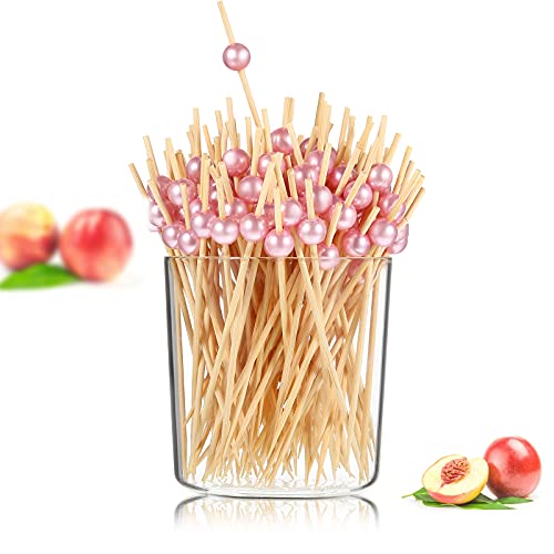 120 Counts Fancy Toothpicks for Appetizers Faux Pearl Charcuterie Cocktail Picks Wooden Decorative Toothpicks Handmade Sticks Long Appetizer Cocktail Sticks for Home Party, Dessert, Fruit (Rose Gold)