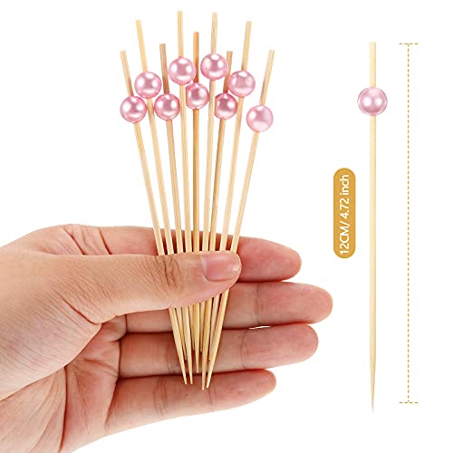 120 Counts Fancy Toothpicks for Appetizers Faux Pearl Charcuterie Cocktail Picks Wooden Decorative Toothpicks Handmade Sticks Long Appetizer Cocktail Sticks for Home Party, Dessert, Fruit (Rose Gold)