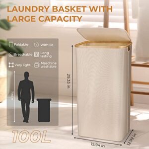 yamagahome Laundry Basket with Lid, 100L Large Laundry Collector Storage Basket with 2 Removable Washable Laundry Bags, Foldable Big Laundry Sorter Made of Bamboo and Oxford Fabric for Bedrooms