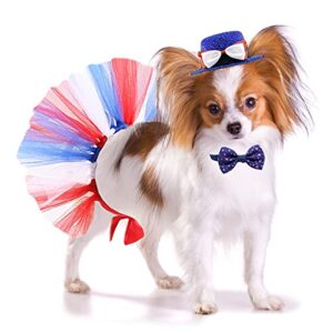 vehomy 4th of july pet costume dog american flag hairpin hat bowtie collar and tutu skirt - independence day pet dog patriotic costume for small medium dogs cats puppy 3pcs