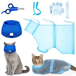5 pieces cat bathing bag set cat grooming bag adjustable pet shower net bag cat muzzles anti-bite anti-scratch nail clipper tick remover tool massage brush for pet bathing cleaning trimming (blue)