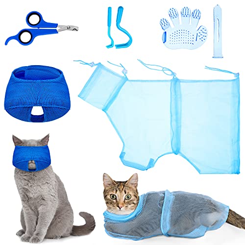 5 Pieces Cat Bathing Bag Set Cat Grooming Bag Adjustable Pet Shower Net Bag Cat Muzzles Anti-Bite Anti-Scratch Nail Clipper Tick Remover Tool Massage Brush for Pet Bathing Cleaning Trimming (Blue)