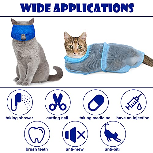 5 Pieces Cat Bathing Bag Set Cat Grooming Bag Adjustable Pet Shower Net Bag Cat Muzzles Anti-Bite Anti-Scratch Nail Clipper Tick Remover Tool Massage Brush for Pet Bathing Cleaning Trimming (Blue)