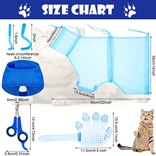 5 Pieces Cat Bathing Bag Set Cat Grooming Bag Adjustable Pet Shower Net Bag Cat Muzzles Anti-Bite Anti-Scratch Nail Clipper Tick Remover Tool Massage Brush for Pet Bathing Cleaning Trimming (Blue)