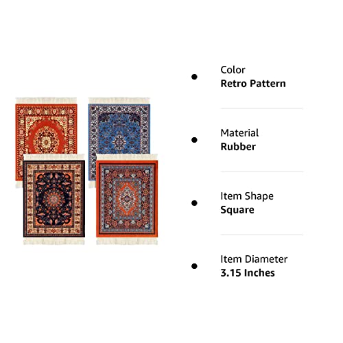 4 Pieces Rug Table Coasters Table Drink Holders Oriental Design Fabric Carpet Drink Mats Oriental Design Fabric Elegant Carpets Kitchen and Bar Mats for Home Office and More (Retro Pattern,Square)