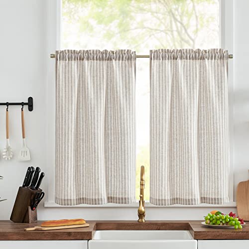 COLLACT Kitchen Curtains Linen Curtains 24 Inch Length Sets Pinstripe Pattern Grey Tiers for Kitchen Bathroom Farmhouse Country Rustic Rod Pocket Ticking Striped Curtains 2 Panels Gray on Beige