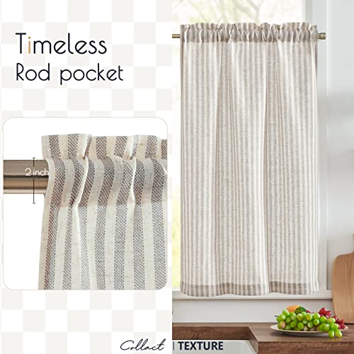 COLLACT Kitchen Curtains Linen Curtains 24 Inch Length Sets Pinstripe Pattern Grey Tiers for Kitchen Bathroom Farmhouse Country Rustic Rod Pocket Ticking Striped Curtains 2 Panels Gray on Beige