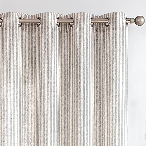 COLLACT Linen Curtains 84 Inch Length 2 Panels for Living Room Pinstripe Pattern Farmhouse Curtain Grey Drapes Rustic Grommet Light Filtering Ticking Striped Window Curtains for Bedroom Gray on Beige