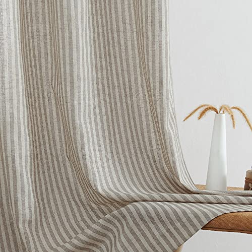 COLLACT Linen Curtains 84 Inch Length 2 Panels for Living Room Pinstripe Pattern Farmhouse Curtain Grey Drapes Rustic Grommet Light Filtering Ticking Striped Window Curtains for Bedroom Gray on Beige