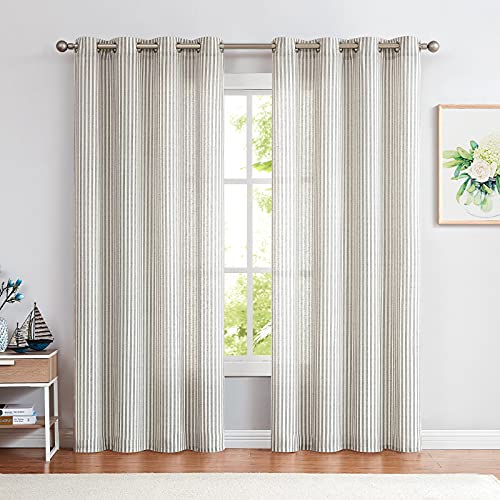 COLLACT Linen Curtains 84 Inch Length 2 Panels for Living Room Pinstripe Pattern Farmhouse Curtain Grey Drapes Rustic Grommet Light Filtering Ticking Striped Window Curtains for Bedroom Gray on Beige