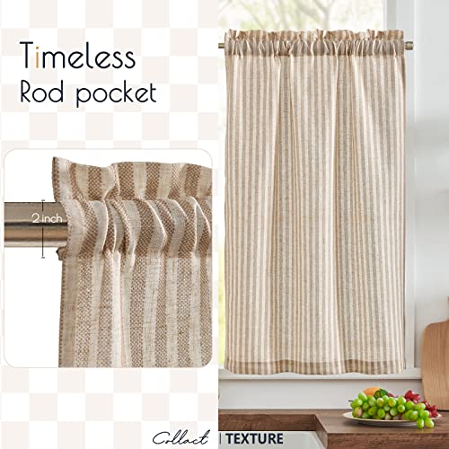 COLLACT Kitchen Curtains Linen Curtains 24 Inch Length Sets Pinstripe Pattern Taupe Tiers for Kitchen Bathroom Farmhouse Country Rustic Rod Pocket Ticking Striped Curtains 2 Panels Taupe on Beige